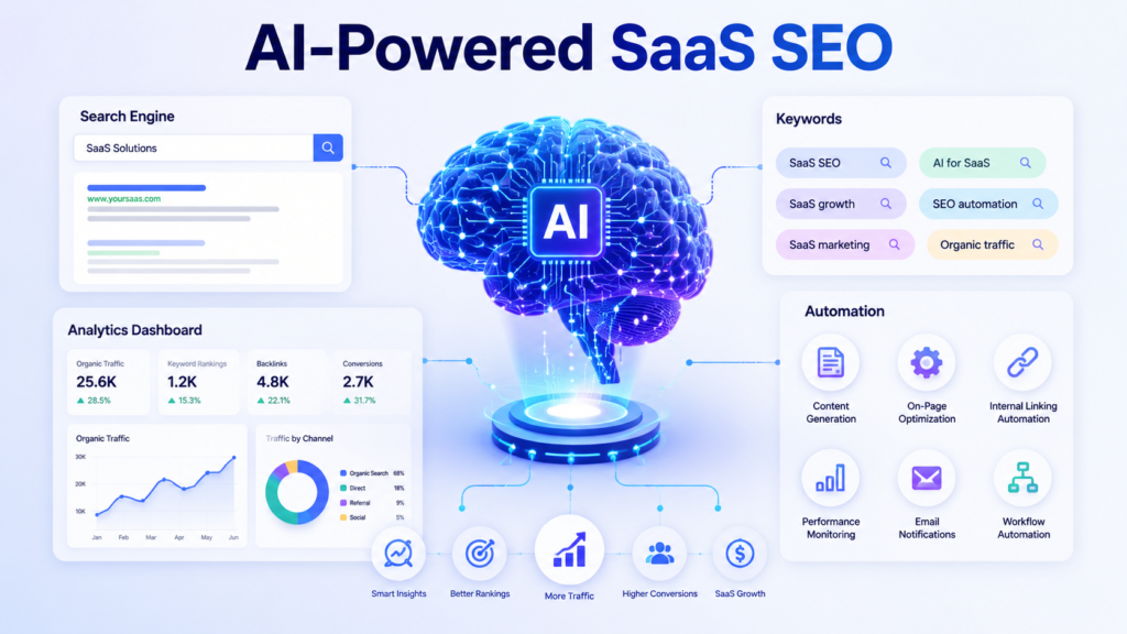 AI-powered SaaS SEO with keyword analysis, search data, and content optimization for better rankings.
