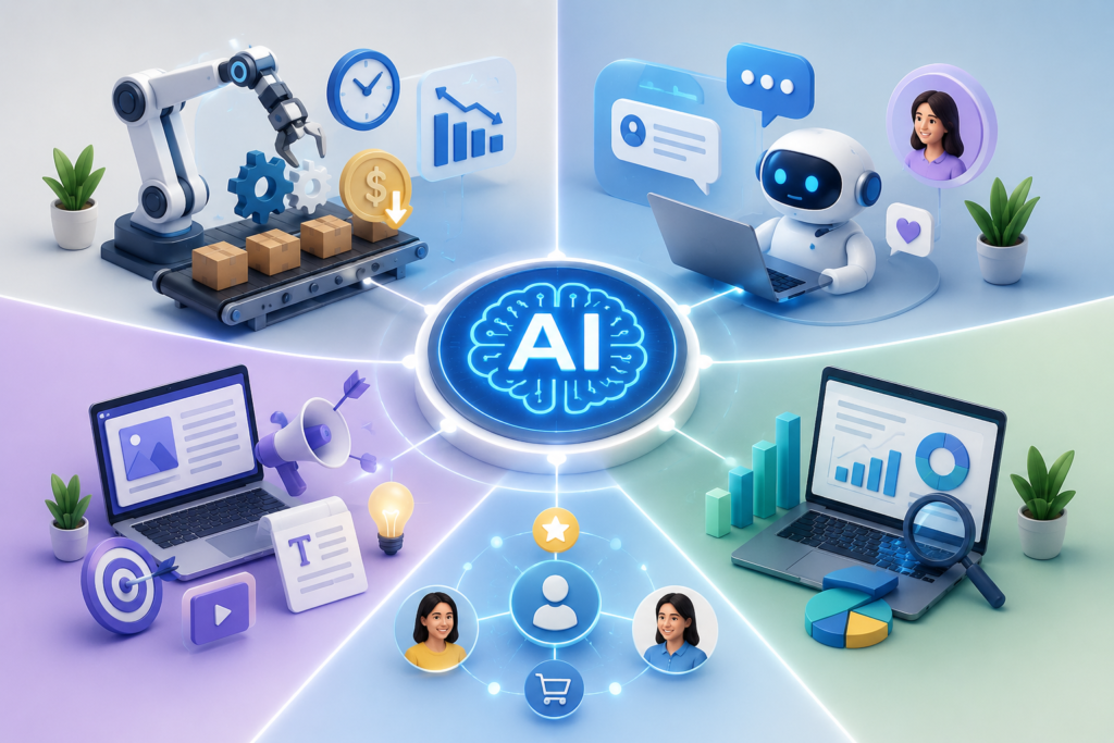 AI use cases for small businesses including automation, chatbots, marketing, analytics, and personalized customer experiences