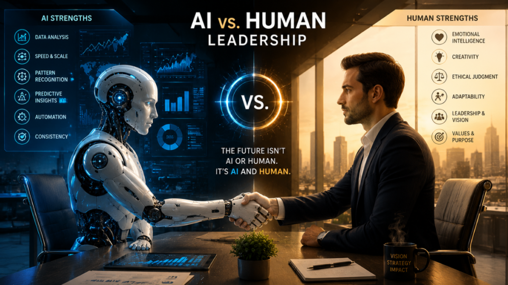 Business leader balancing human judgment and AI-powered insights