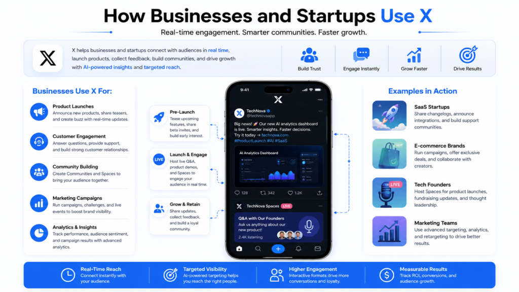 Businesses and startups using X App for product launches, community building, customer engagement, and marketing growth