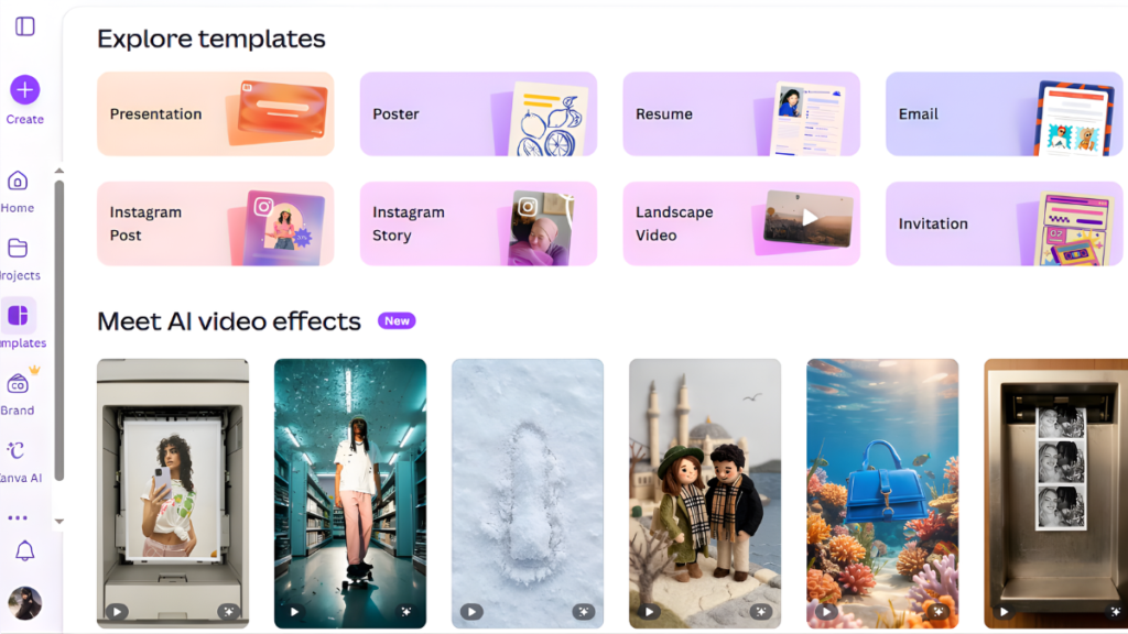 Canva AI dashboard showing AI-powered design and image creation tools.