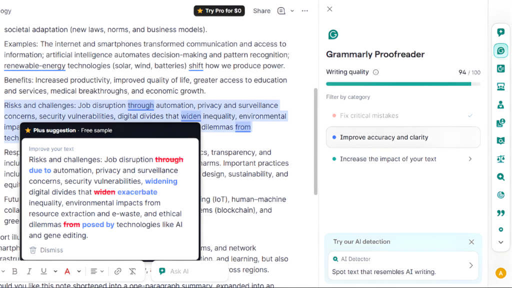 Grammarly dashboard showing grammar corrections and writing suggestions.