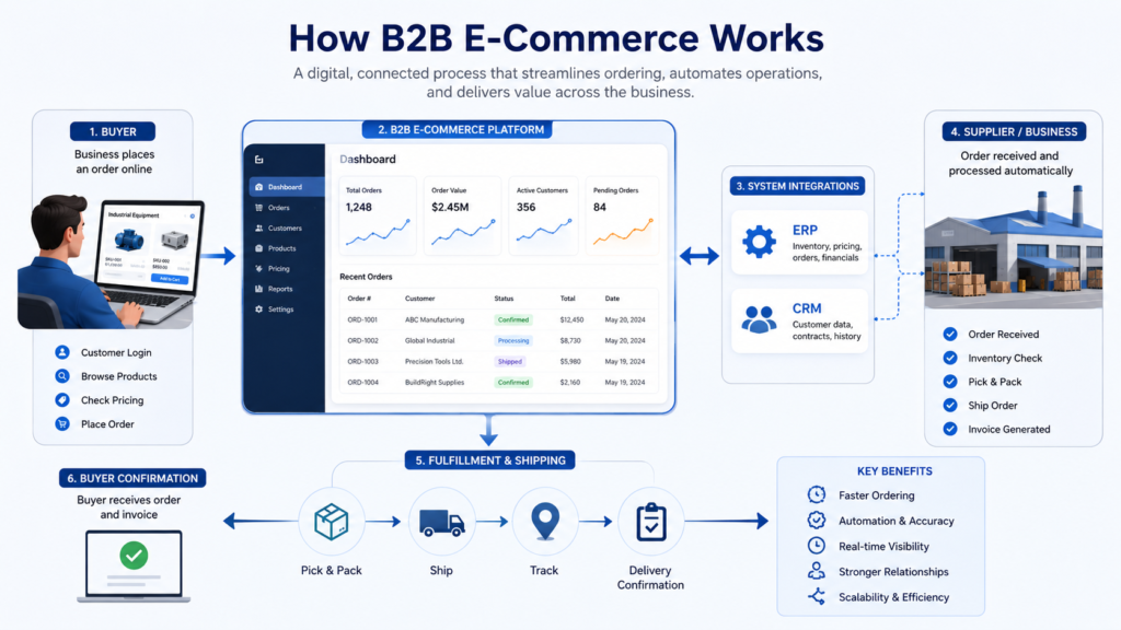 B2B e-commerce workflow showing online ordering, ERP and CRM integration, automated procurement, payments, and logistics management system.