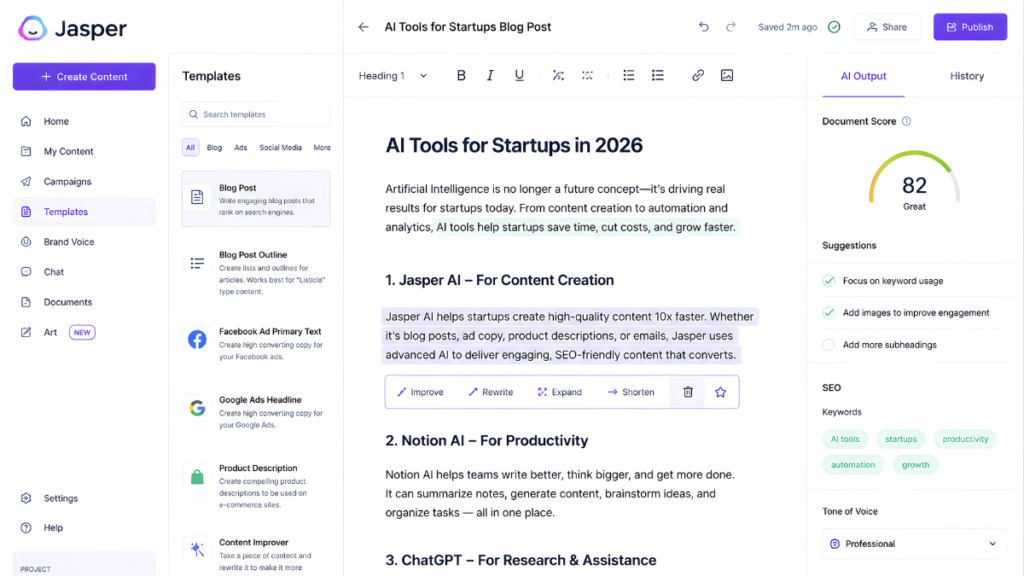 Jasper AI content editor generating marketing and blog content.