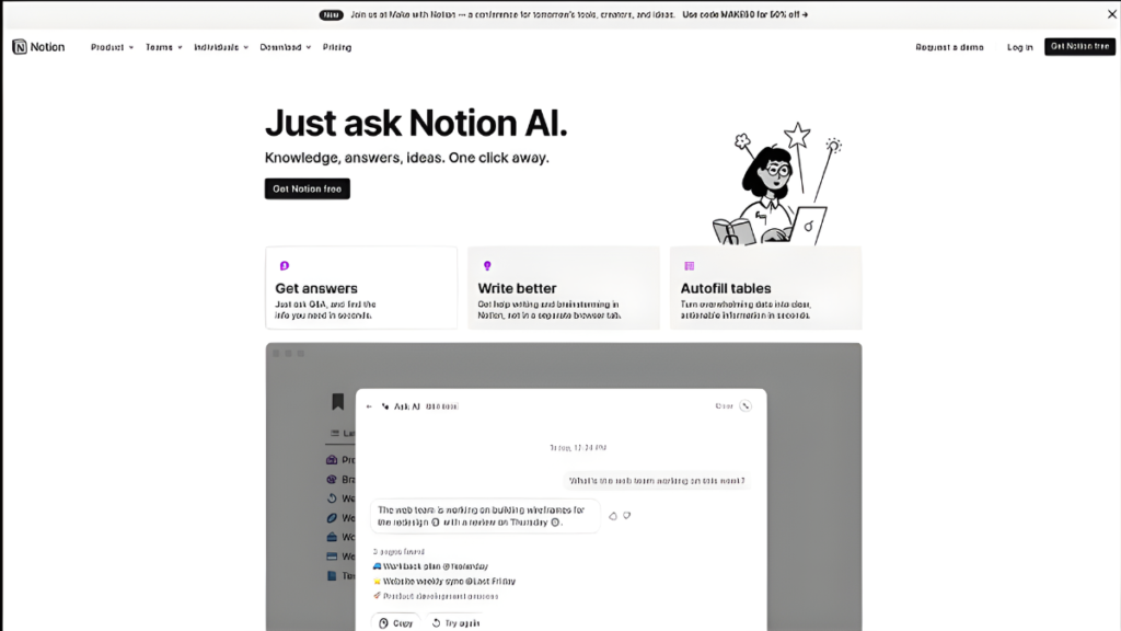 Notion AI workspace displaying AI-assisted writing and project management features.