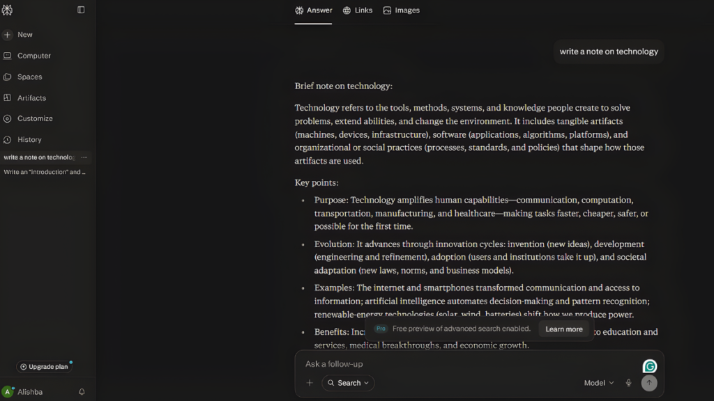 Perplexity AI search interface providing AI-generated answers and research results.