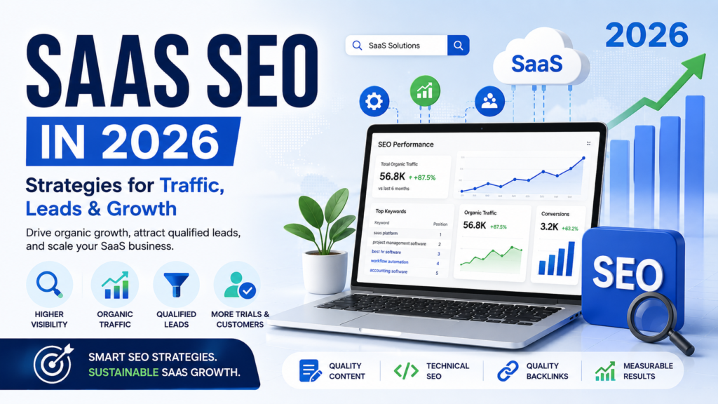 SaaS SEO in 2026 illustration showing SEO performance dashboard, organic traffic growth, lead generation, technical SEO, and backlink strategies for software companies