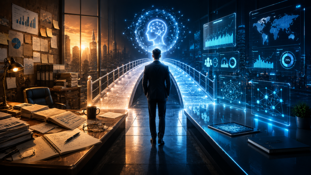 CEO transitioning from traditional leadership to AI-powered decision-making