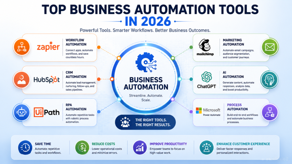 Top business automation tools including CRM, workflow, marketing, and AI platforms