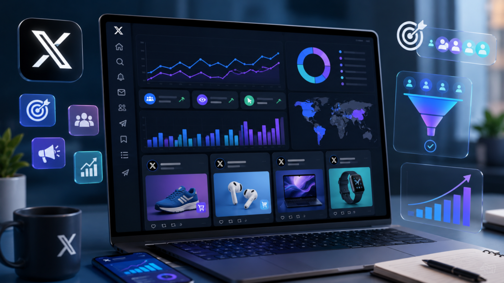 Business marketing dashboard showing analytics, ad performance tracking, audience targeting, and startup growth metrics