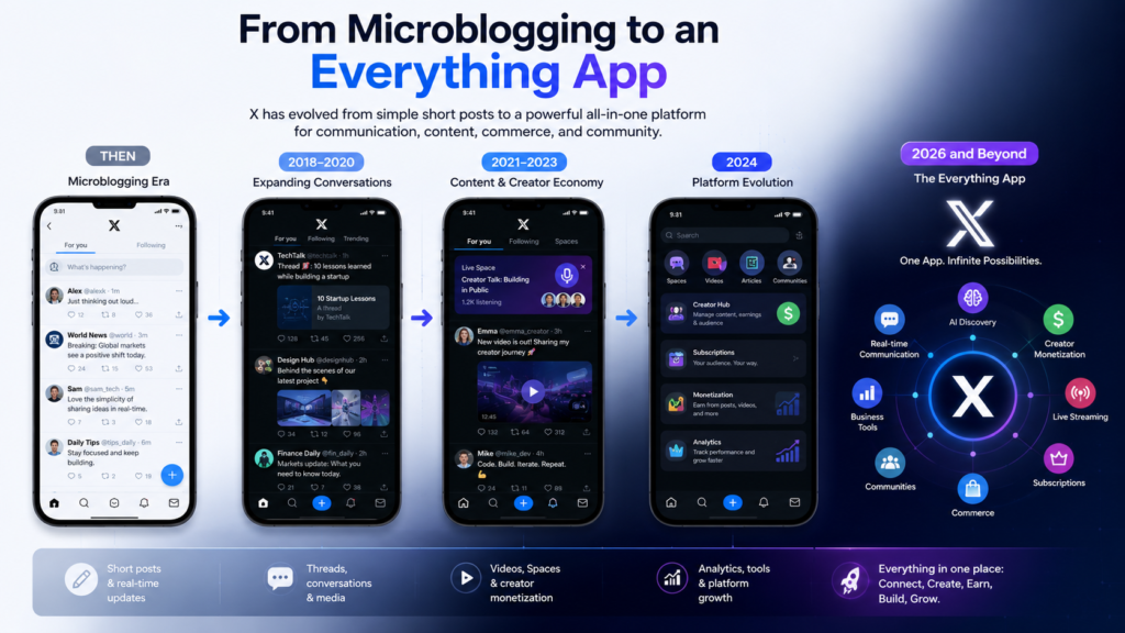 Evolution of X App from microblogging platform to an all-in-one app with AI discovery, creator monetization, live streaming, communities, and business tools