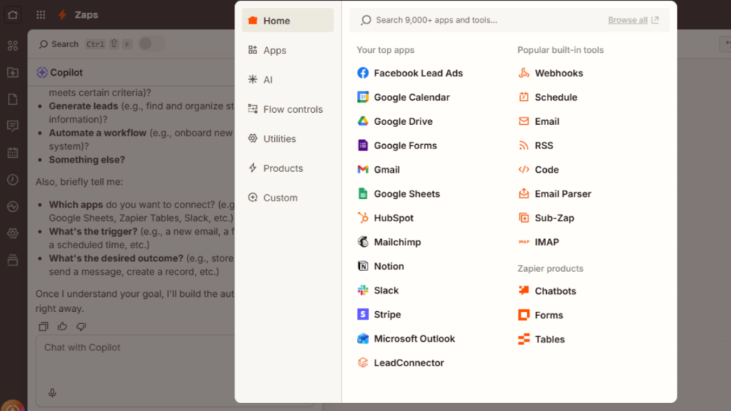 Zapier AI workflow builder automating tasks between multiple applications.