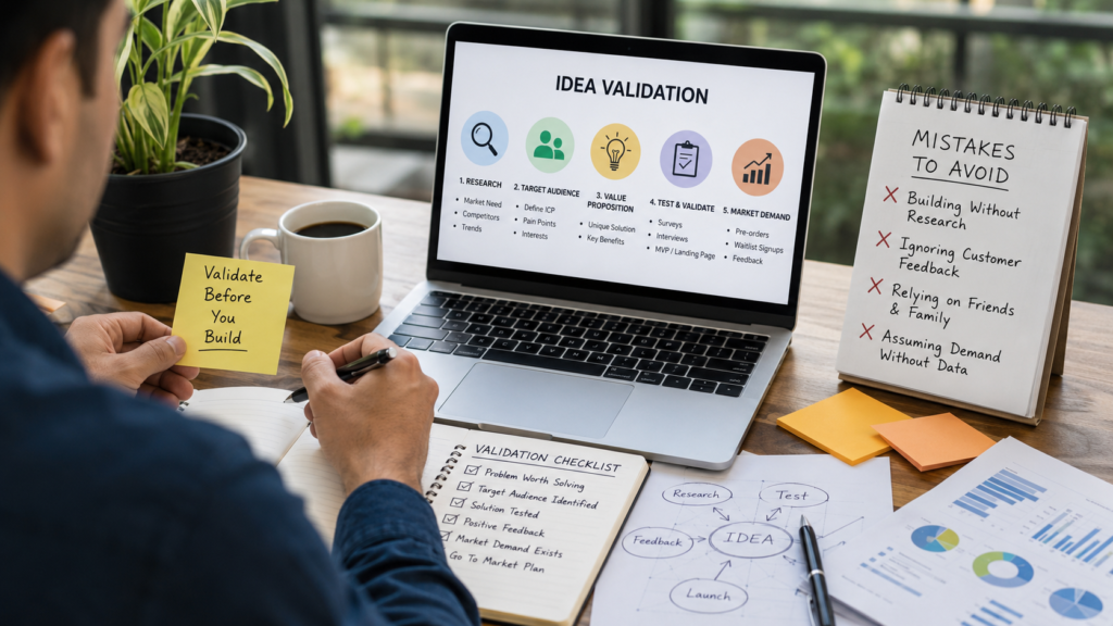 Entrepreneur reviewing business idea validation process to avoid common startup mistakes before launching a new business.