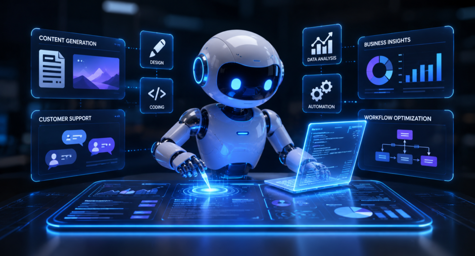 Futuristic AI robot using business analytics, automation, data analysis, coding, customer support, and content generation to improve business productivity.