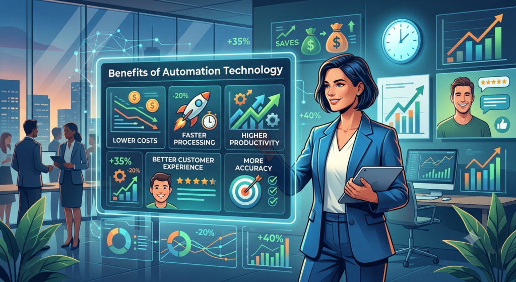 Dashboard showing the benefits of automation technology, including faster processing