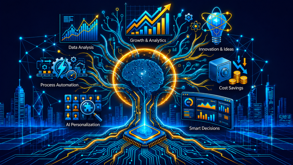 AI-powered business dashboard illustrating productivity improvement, cost reduction, faster decision-making, personalized customer experiences, and business innovation.