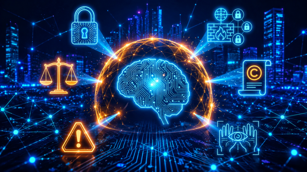 Futuristic AI security concept highlighting data privacy, AI hallucinations, copyright protection, bias, cybersecurity, and responsible AI governance.
