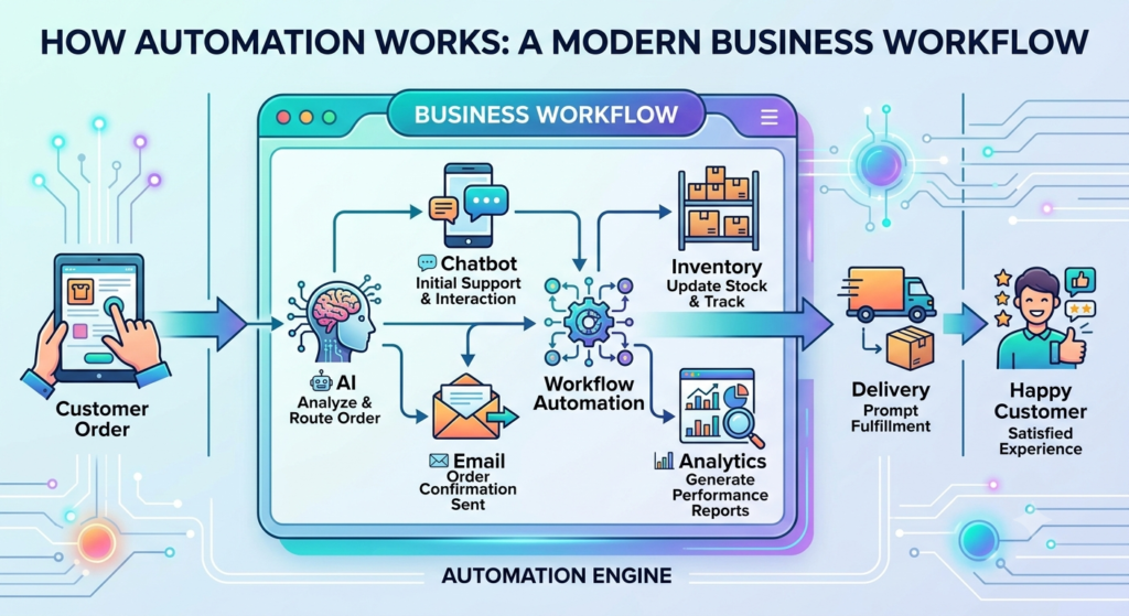 Business automation workflow showing AI, chatbots