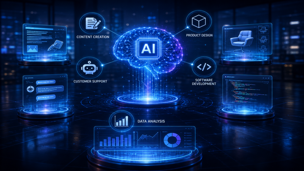 Futuristic AI business ecosystem showing content creation, customer support, product design, software development, and data analysis connected through artificial intelligence.