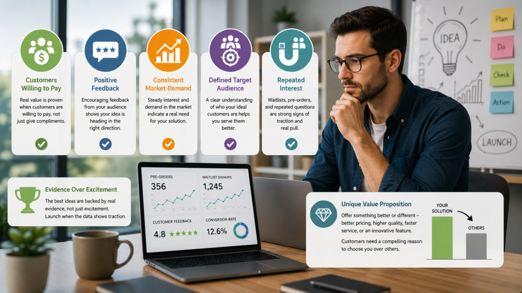Entrepreneurs analyzing customer feedback, market demand, and business validation data before launching a startup in a modern office.
