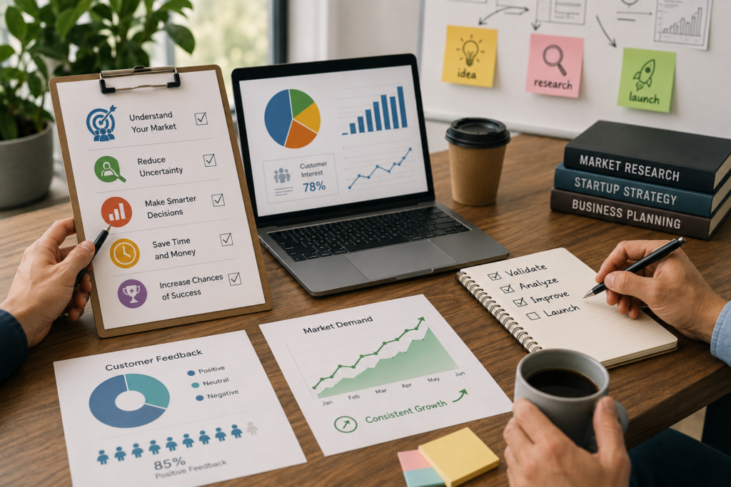 Business professionals validating a startup idea by analyzing customer feedback, market research, and business data in a modern office.